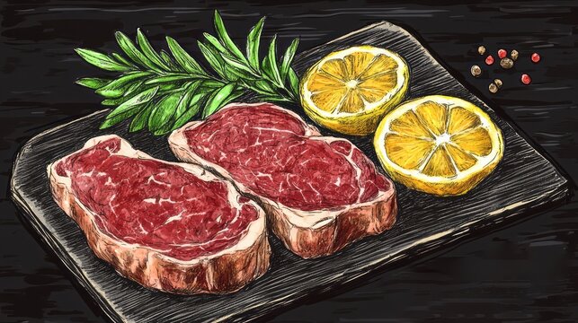 Hand-drawn illustration of raw steaks with lemon and herbs.
