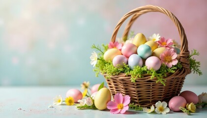 Colorful Easter baskets overflowing with pastel eggs, spring flowers, and chocolate treats , joyful, decorated eggs, pastel colors