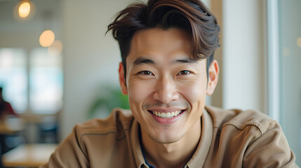 Confident man smiling at bright modern workspace
