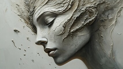 An old stone sculpture shows the face of a woman, reminiscent of ancient Greek art and perhaps depicting a religious figure or an angel