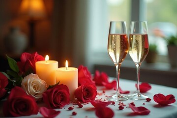 Obraz premium Happy anniversary celebration with romantic decorations, candles, and champagne , intimacy, texture