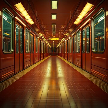 Gleaming Subway Station: A Symmetrical Vista of Red Train Cars and Tiled Platform, Illuminated by Warm Overhead Lights, Emphasizing Depth and Urban Transit Architecture.