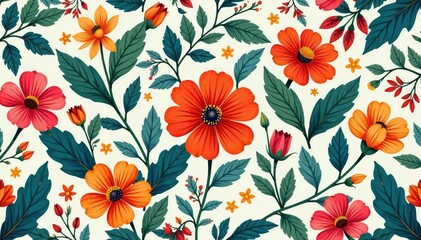 Seamless pattern of colorful illustrated flowers and leaves , charming, texture