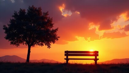 Fototapeta premium Silhouette of a park bench at sunset, golden hour light , serene, public seating