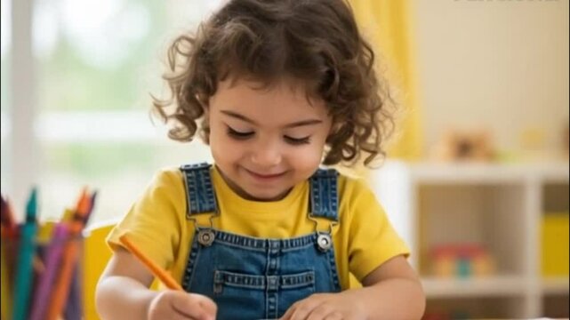 A cute baby girl coloring a book with joy and focus. Generative AI