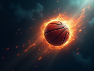 Obraz premium high-speed basketball spinning in mid-air, with a dramatic lighting effect emphasizing motion