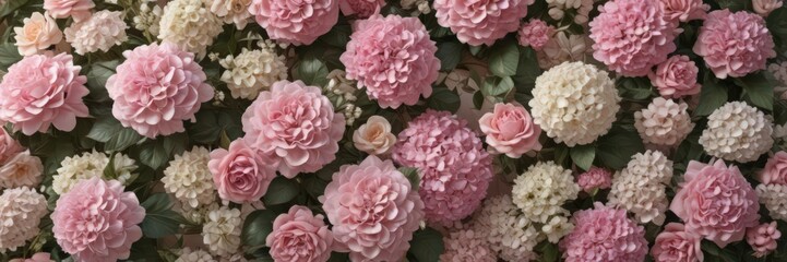Fototapeta premium Vintage pink rose, daisy, hydrangea floral wall Elegant romantic decor , girly, nature