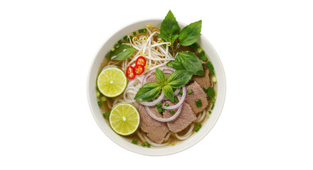 Delicious Vietnamese beef noodle soup in a white bowl. isolated on transparent png