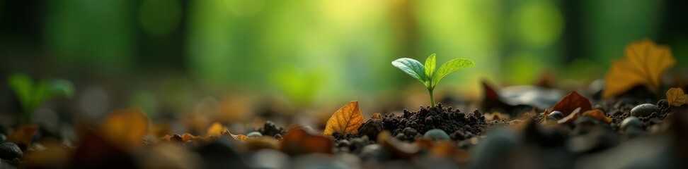 Delicate seedling pushing through rich forest wood , light, botanical