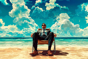 Ilustración de un hombre con traje sentado en la playa