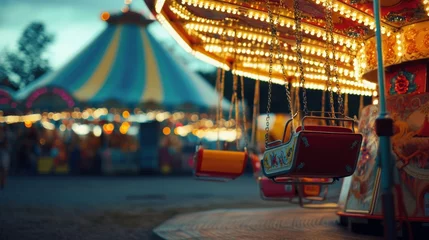 Fototapete Rund Night carnival ride with glowing lights and empty swings in colorful nostalgic fairground background scene © Juan