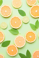 Fototapeta premium Flat lay of fresh orange and lime slices arranged on a pastel pink background with soft aesthetic.