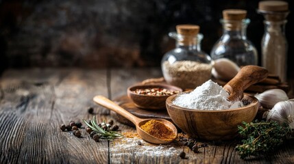 Fototapeta premium Baking ingredients and flour in glass jars on wooden table with rustic kitchen setup scene