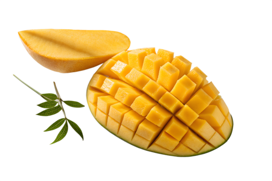 Peeled mango with diced grid and exposed seed on white background


