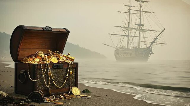 Golden Treasure Discovery - Pirate ship with treasure chest on tropical beach