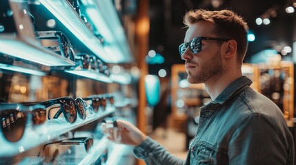 Man choosing sunglasses from store shelf in optical fashion retail light modern shopping scene