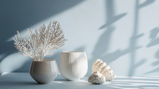 White vases and branch shadow on sunlit wall in minimalist interior styling design composition scene