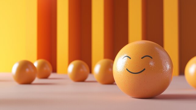 Orange smiling ball among spheres on colorful stripes in playful vibrant geometric happiness concept scene