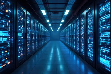 Fototapeta premium Futuristic server room with glowing blue data streams , data science, future, abstract