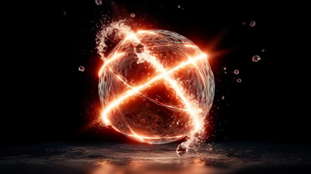 Abstract Quantum virtual atom with its electron cloud in form of fire water. Abstract background for Quantum mechanics and atomic structure.