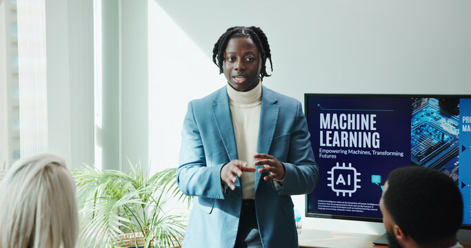 Business man, screen and machine learning presentation for new innovation, idea and ai product promotion. Speaker, office and pitch proposal to team for equity funding or tech investment workshop