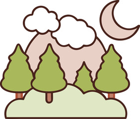 A vector set of four cartoon trees illustration with a cute sheep under a happy cloud in a nature design