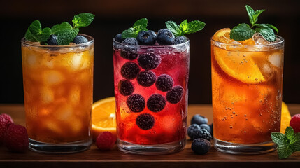 Assortment of fresh iced fruit drinks on wooden background