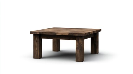 Simple, rustic wood coffee table.  Solid, dark brown, square tabletop, sturdy, simple legs,  ideal for any living space