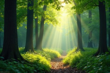 Obraz premium Serene forest scene with sunlight filtering through leaves, creating dappled light on the forest floor , wildlife, beauty