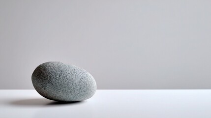 Smooth Grey Stone Balanced on White Surface Against Minimalist Background