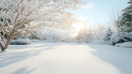 Obraz premium Serene Winter Landscape with Fresh Snow and Sunlight Peeking Through Trees in Tranquil Nature