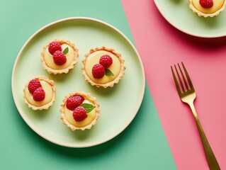  The dual-tone background blends soft pastel green and deep raspberry red, complementing the tarts bold colors. ai