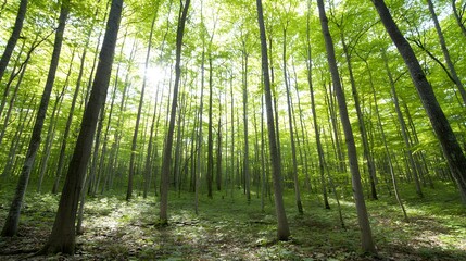 Fototapeta premium Lush Green Forest with Sunlight Filtering Through Leaves in a Tranquil Nature Scene