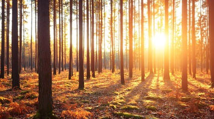 Obraz premium Golden Sunrise Illuminates Serene Forest Landscape with Tall Trees and Sunlight Filtering Through