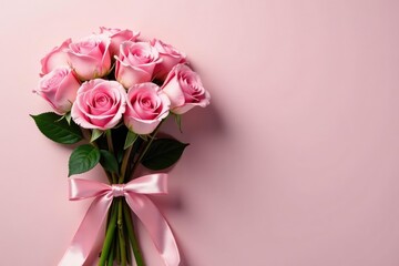 Fototapeta premium A bouquet of delicate pink roses, tied with ribbon , soft, texture, flower arrangement