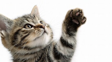 Playful Scottish Kitten Pawing in the Air Against White Background