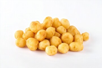 Pile of puffed corn snacks on white background
