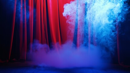 Fototapeta premium Theater stage with red curtain and fog machine in moody dramatic light performance entertainment atmosphere scene