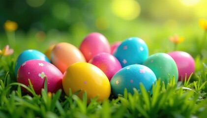 Fototapeta premium A vibrant bunch of colorful Easter eggs, nestled together in a natural setting , whimsical, rabbit