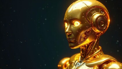 Close-up of a gleaming golden android robot, intricate details visible , gleam, reflection