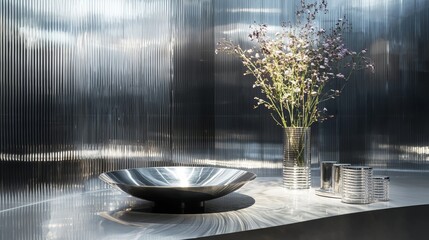 Luxury washroom with reflective walls and modern steel basin elegant architecture spa minimal design scene