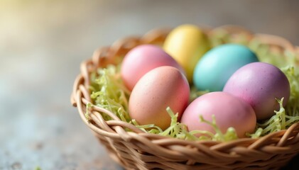 Close-up of pastel-colored Easter eggs in a basket Perfect for spring, Easter, and holiday themes , Easter decorations, dyed, artwork