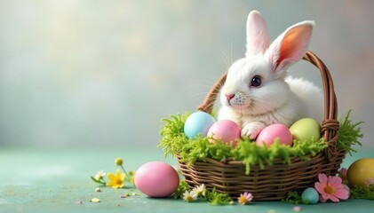 Colorful eggs nestled in a fluffy white Easter bunny's basket , pastel, cheerful, holiday symbols