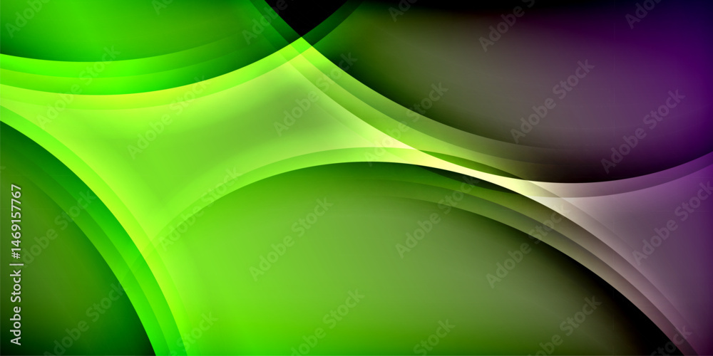 Aufkleber abstract design features vibrant green, purple curves over black background. smooth shapes create dy