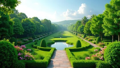 Obraz premium Elevated view of a lush, landscaped park, showcasing meticulous design and vibrant greenery , top view, aesthetics, botany
