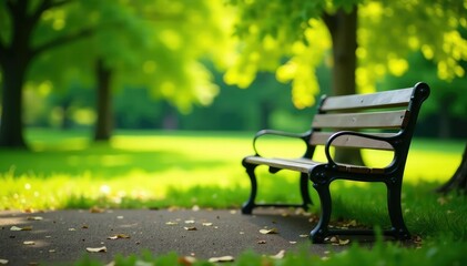 Fototapeta premium Empty park bench against a blurred background of lush greenery , foliage, green background, leaves