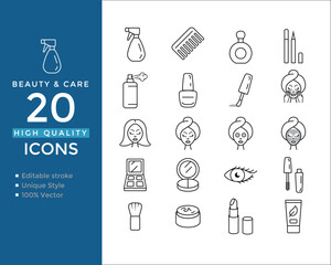 Beauty and Personal Care Line Icons – Face, Hair, Skincare, Makeup & Wellness – Editable Vector Set