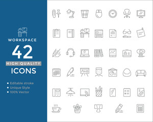 Workspace and Office Line Icons &ndash; Goals, Marketing, Lecture, Teamwork, Files & Collaboration &ndash; Editable Vector Set
