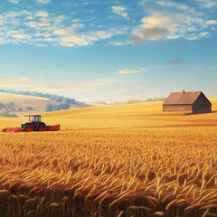Obraz premium Golden Wheat Field with Tractor and Barn