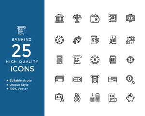 Banking and Finance Line Icons – Editable Stroke Vector Symbols Including Wallet, Safe, ATM, Mobile Banking, Money Transfer, Dollar, Cryptocurrency, Loan, Bill, and Payment Icons Set